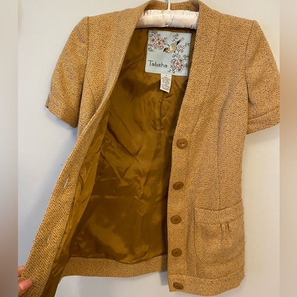 Anthropologie Tabitha Wool Blend Mustard Yellow Gold Tweed Short Sleeve Blazer - Picture 7 of 12